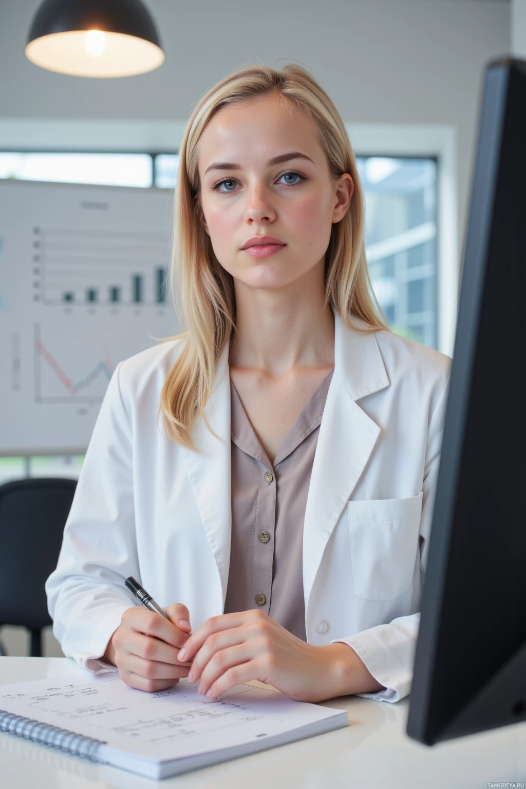 A woman in a professional setting is writing in a notebook while seated at a desk.