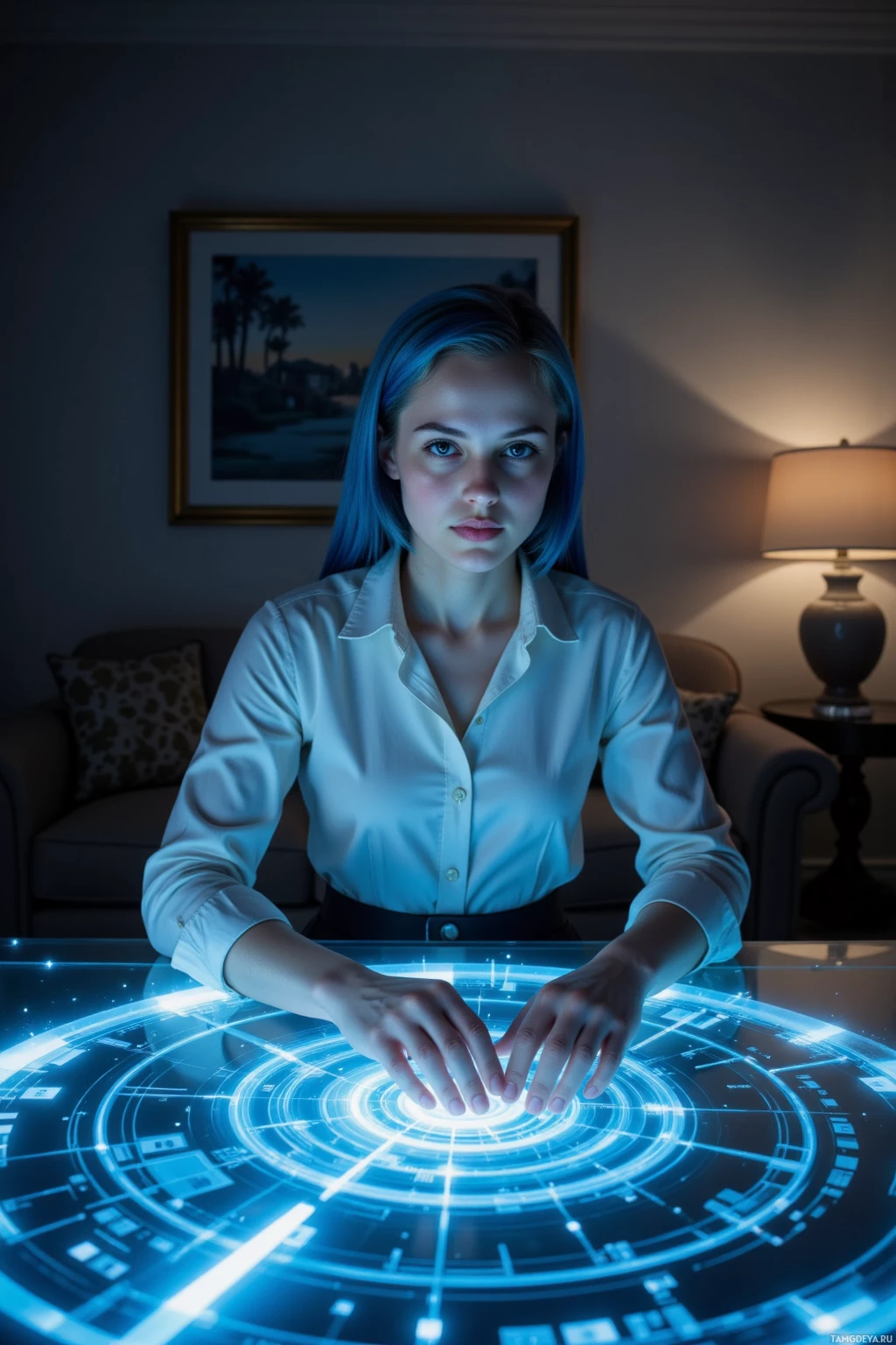 A person in a white shirt interacts with a glowing, futuristic interface on a table.