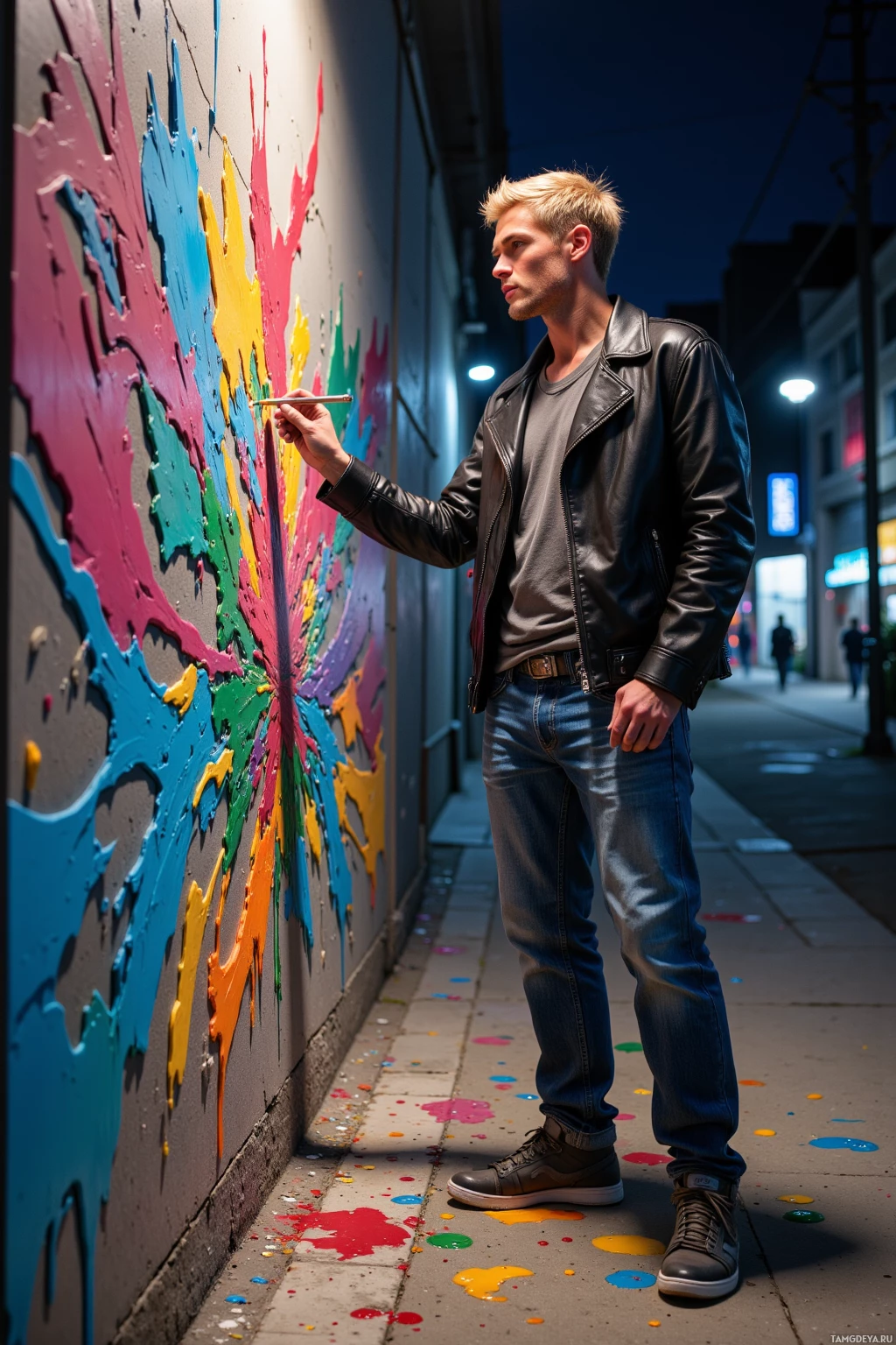 A man in a leather jacket stands beside a wall covered in colorful paint splatters.