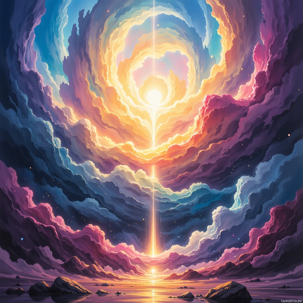 A vibrant, ethereal sky with swirling clouds and a radiant light source at the center.