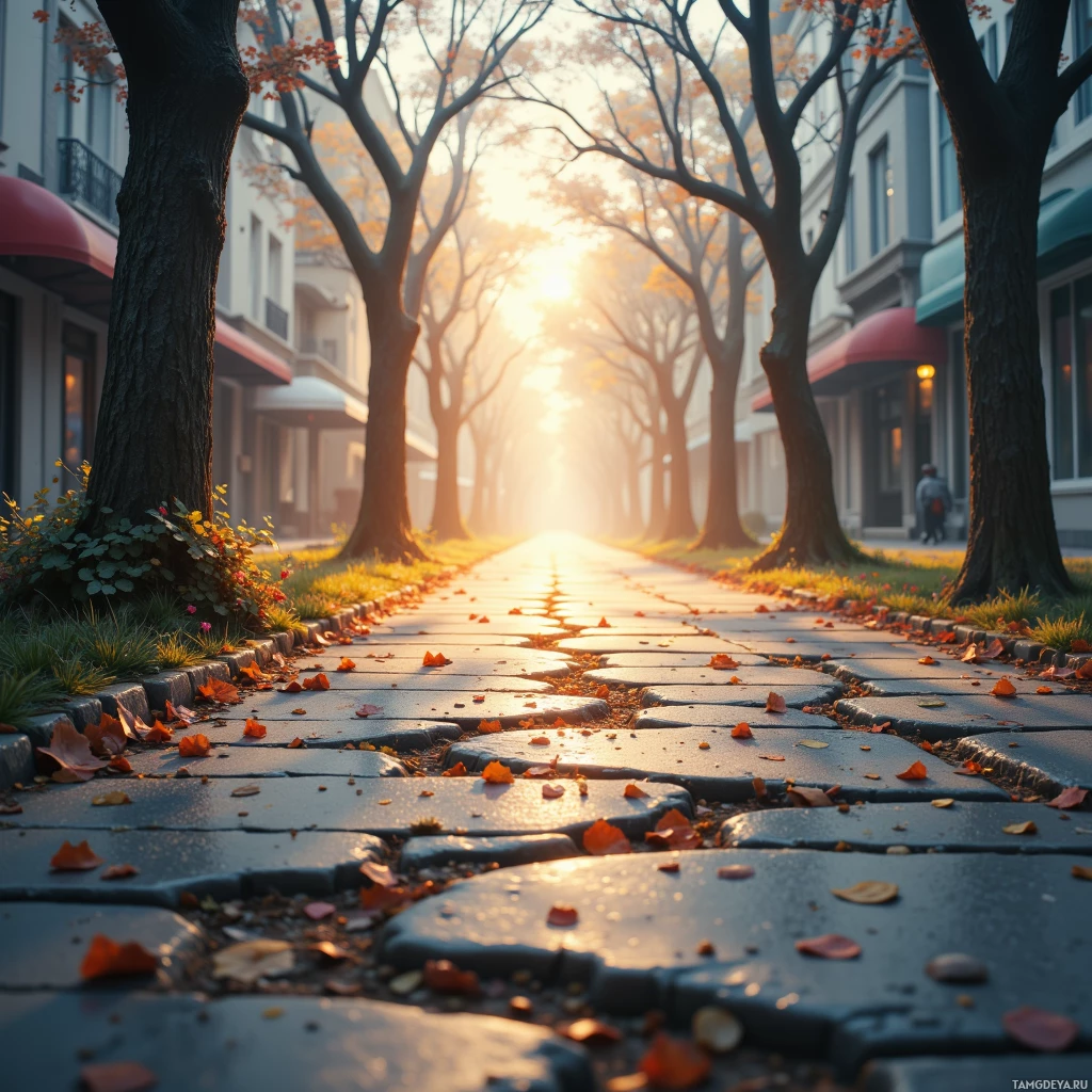 A serene autumnal street scene with cobblestone paths, fallen leaves, and warm sunlight filtering through bare trees.