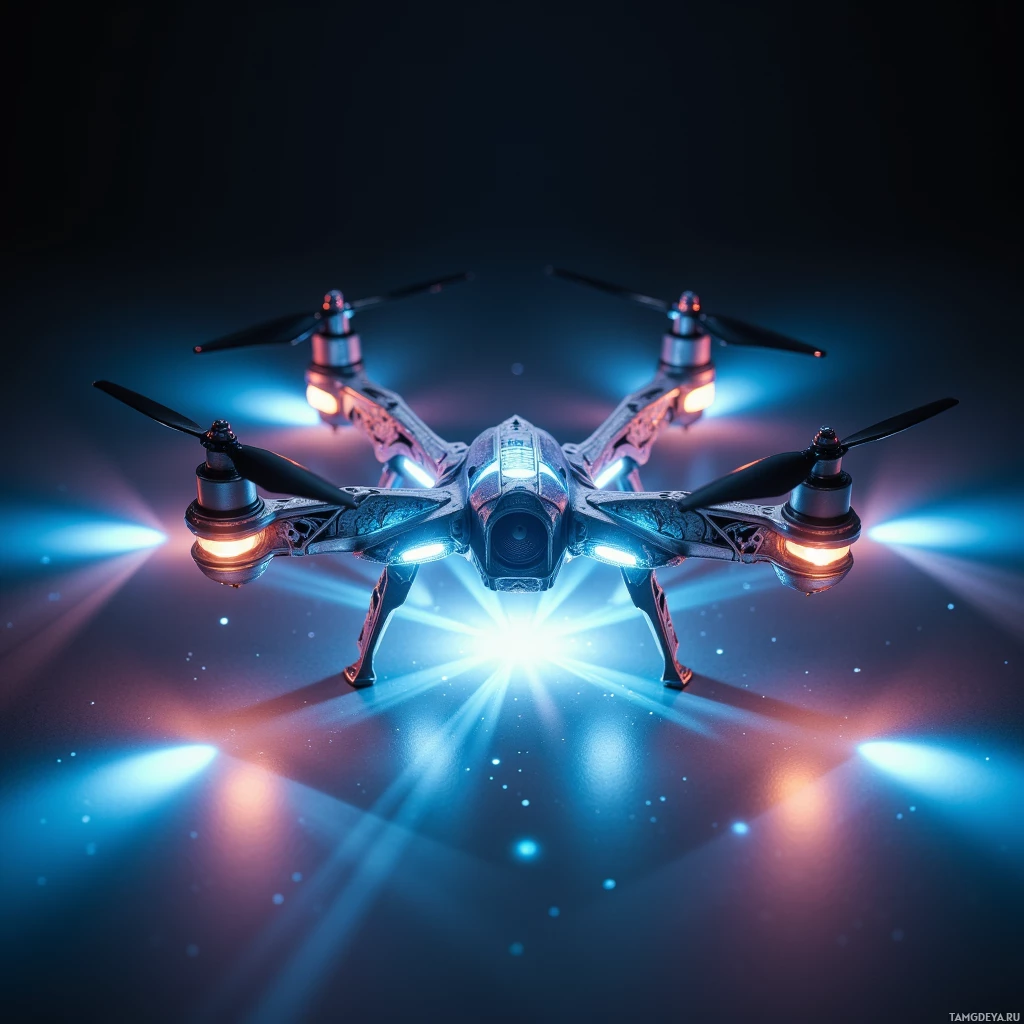 A futuristic drone with glowing lights and propellers is depicted against a dark background.