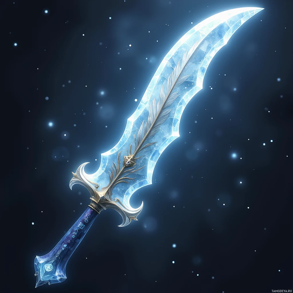 A glowing, ornate sword with a feather and intricate design against a starry background.