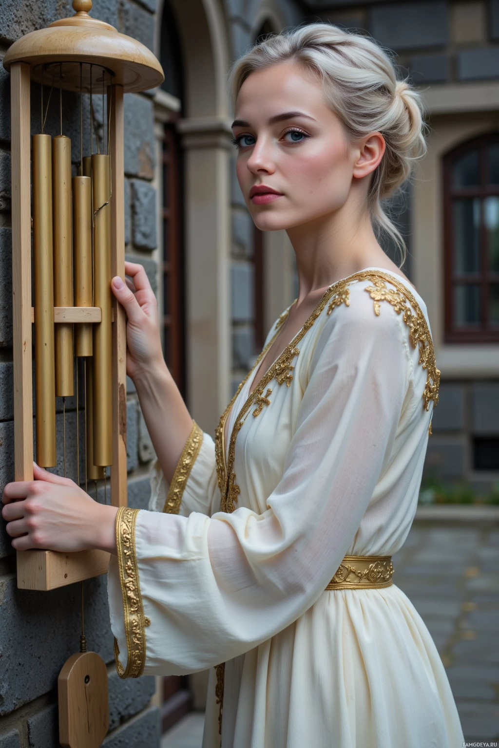 A woman in a white dress with gold embroidery stands beside a wooden wind chime.