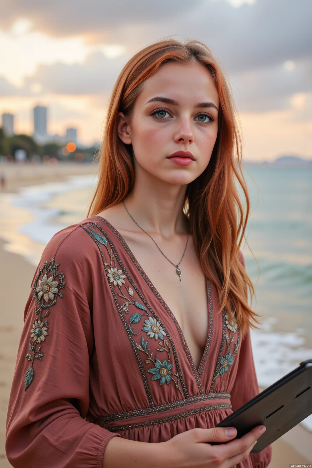 A woman stands on a beach, holding a tablet, wearing a floral embroidered dress.