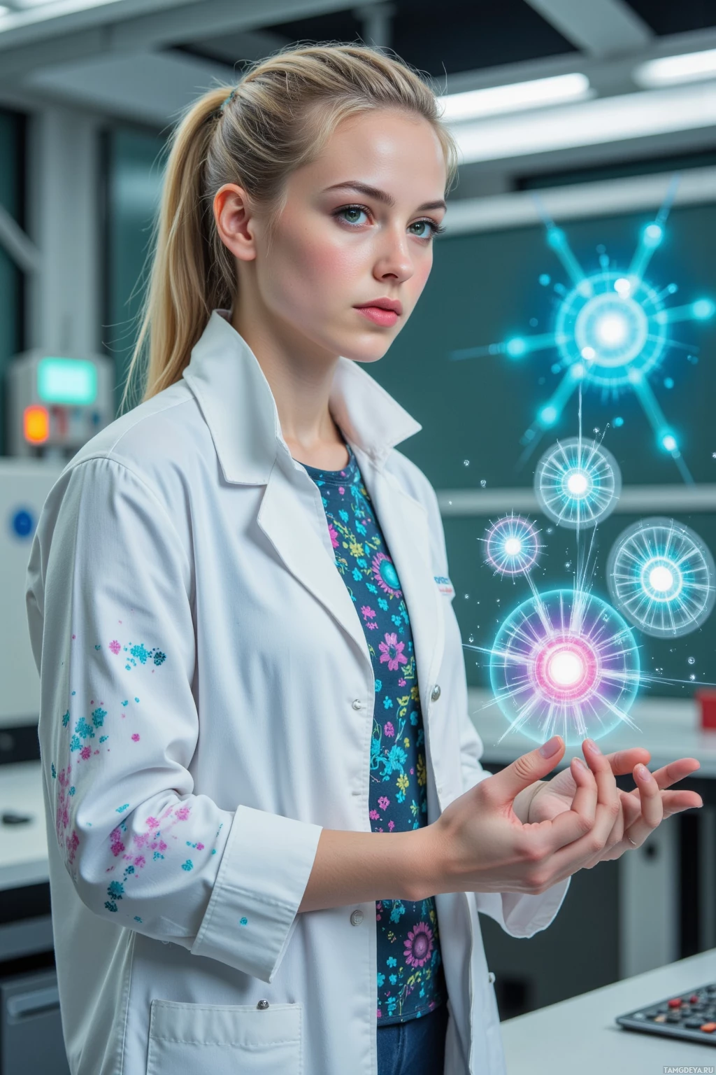A woman in a lab coat stands in a laboratory with glowing, futuristic graphics in the background.