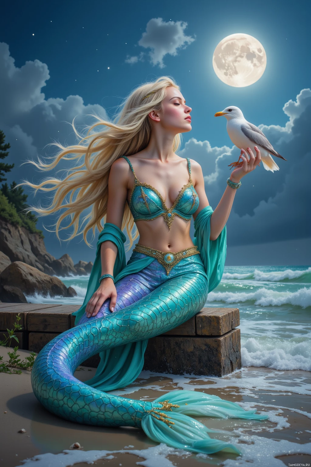 A mermaid with long blonde hair and a teal tail sits on a wooden pier, holding a seagull under a full moon.