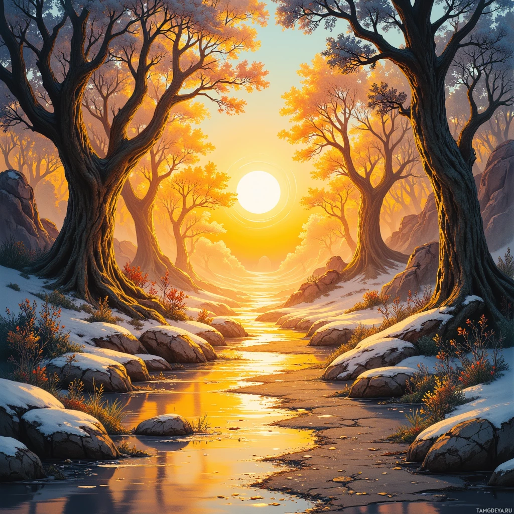 A serene landscape featuring a sunlit river flowing through a forest with snow-covered rocks and trees.
