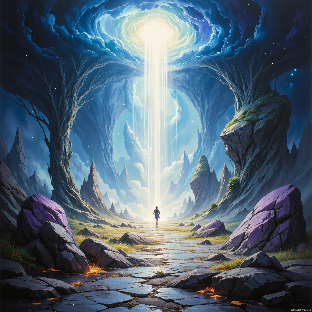 A lone figure stands at the entrance of a mystical cave, bathed in ethereal light.