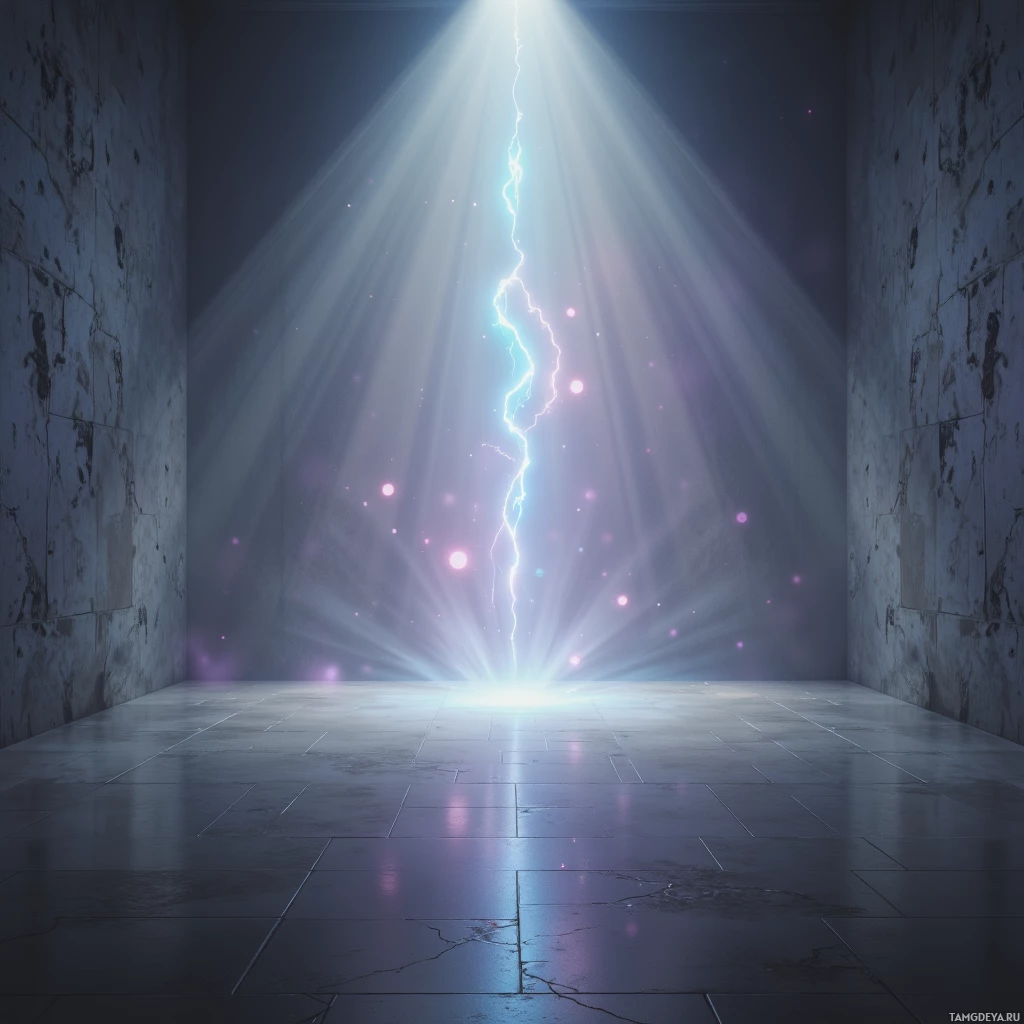 A bright light shines through a concrete wall, illuminating a dark room with rays of light and small glowing particles.