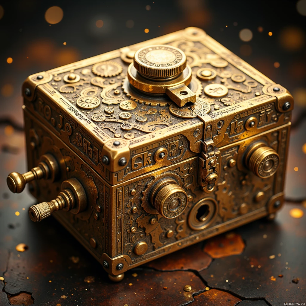A detailed, ornate, golden mechanical device with intricate designs and gears.