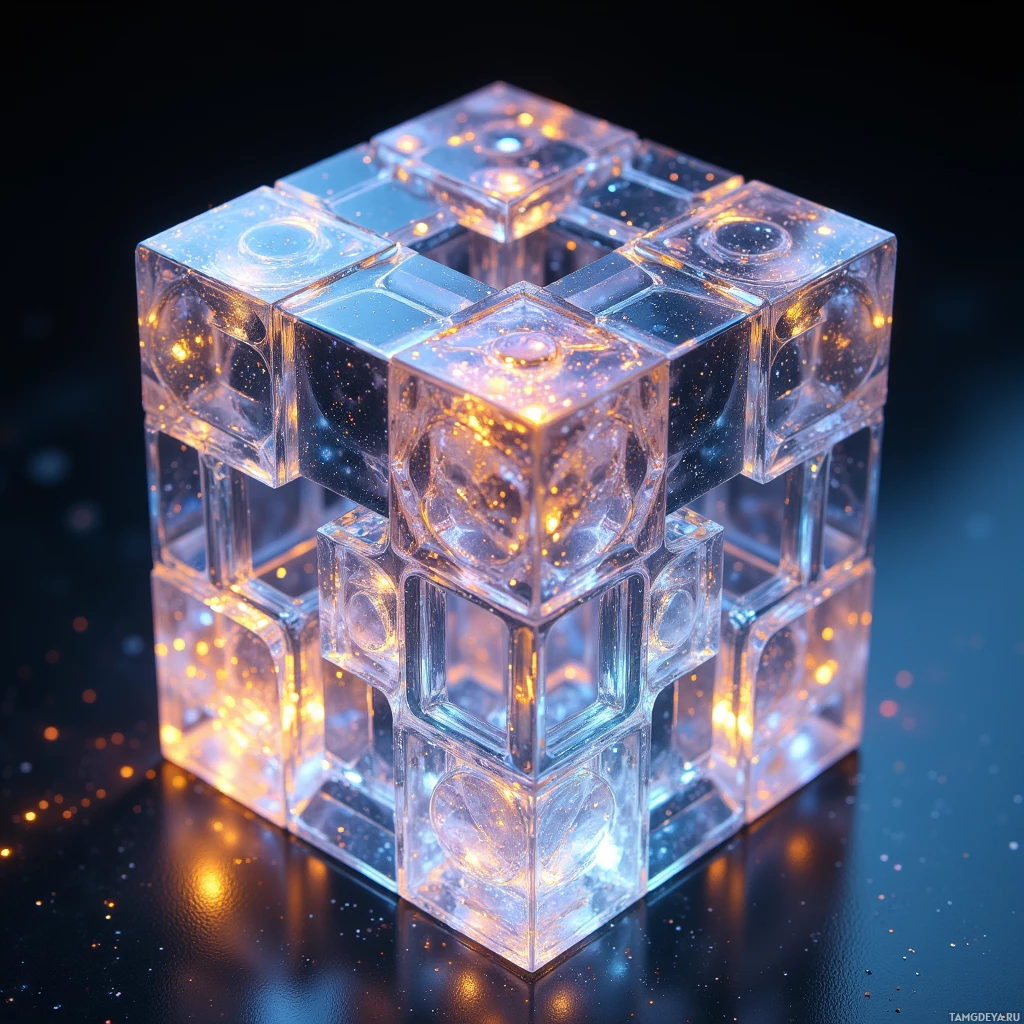 A transparent, glowing cube structure with intricate internal patterns and reflections.