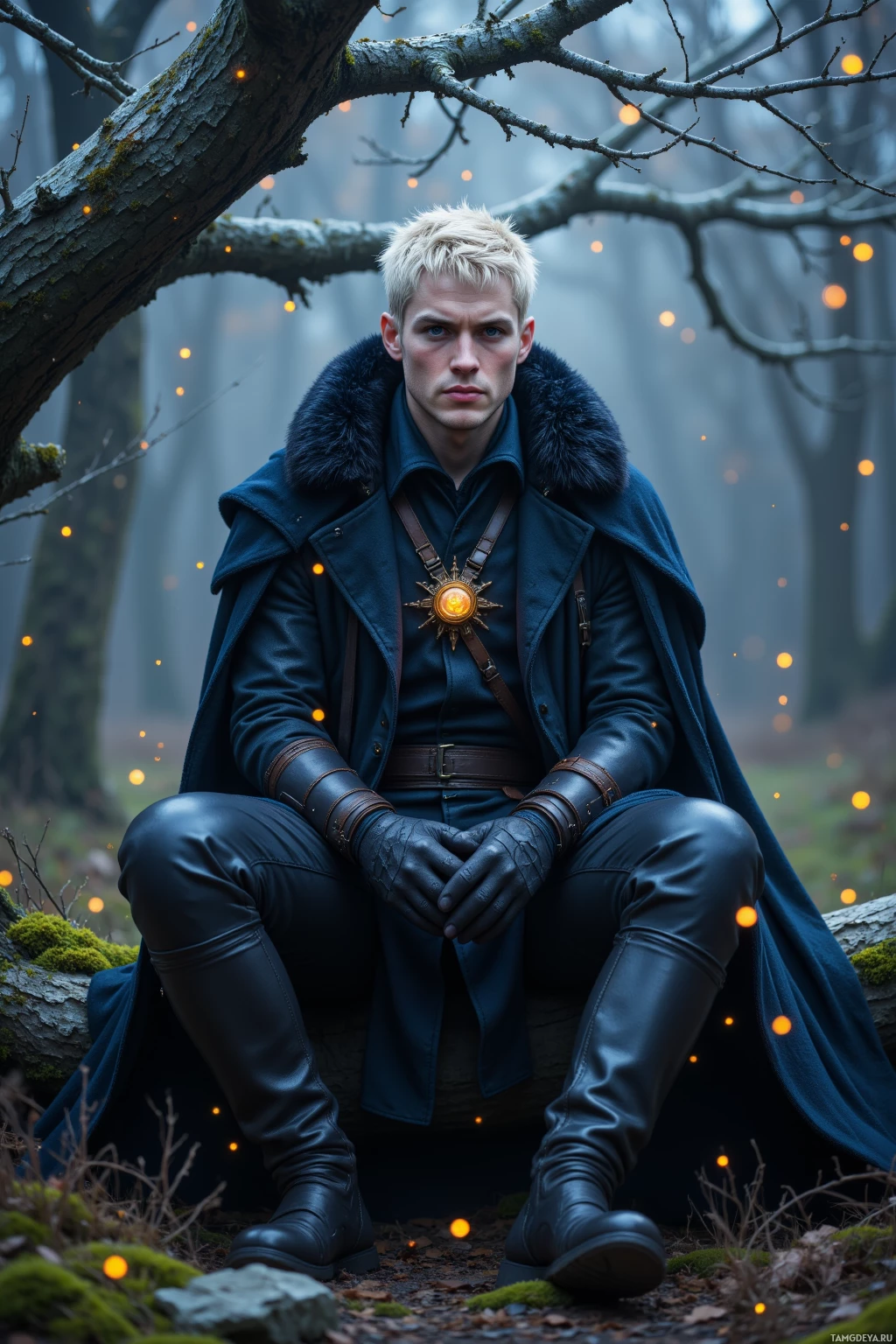 A person in a dark blue coat and leather outfit sits on a log in a misty forest.