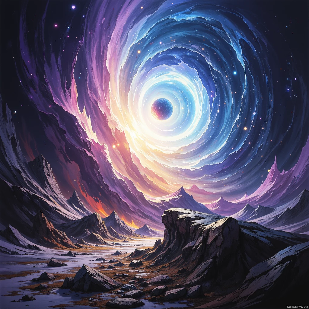 A surreal landscape featuring a swirling cosmic vortex in the sky and rugged, alien terrain below.