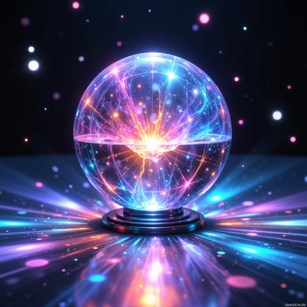A glowing, transparent sphere emits vibrant, colorful light rays against a dark background.