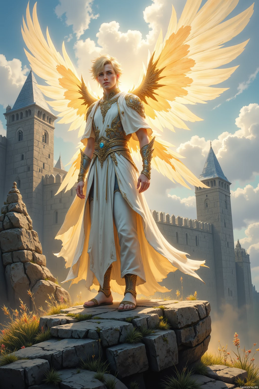 A figure with golden wings stands on a stone platform, dressed in ornate white and gold attire, with a castle in the background under a bright sky.