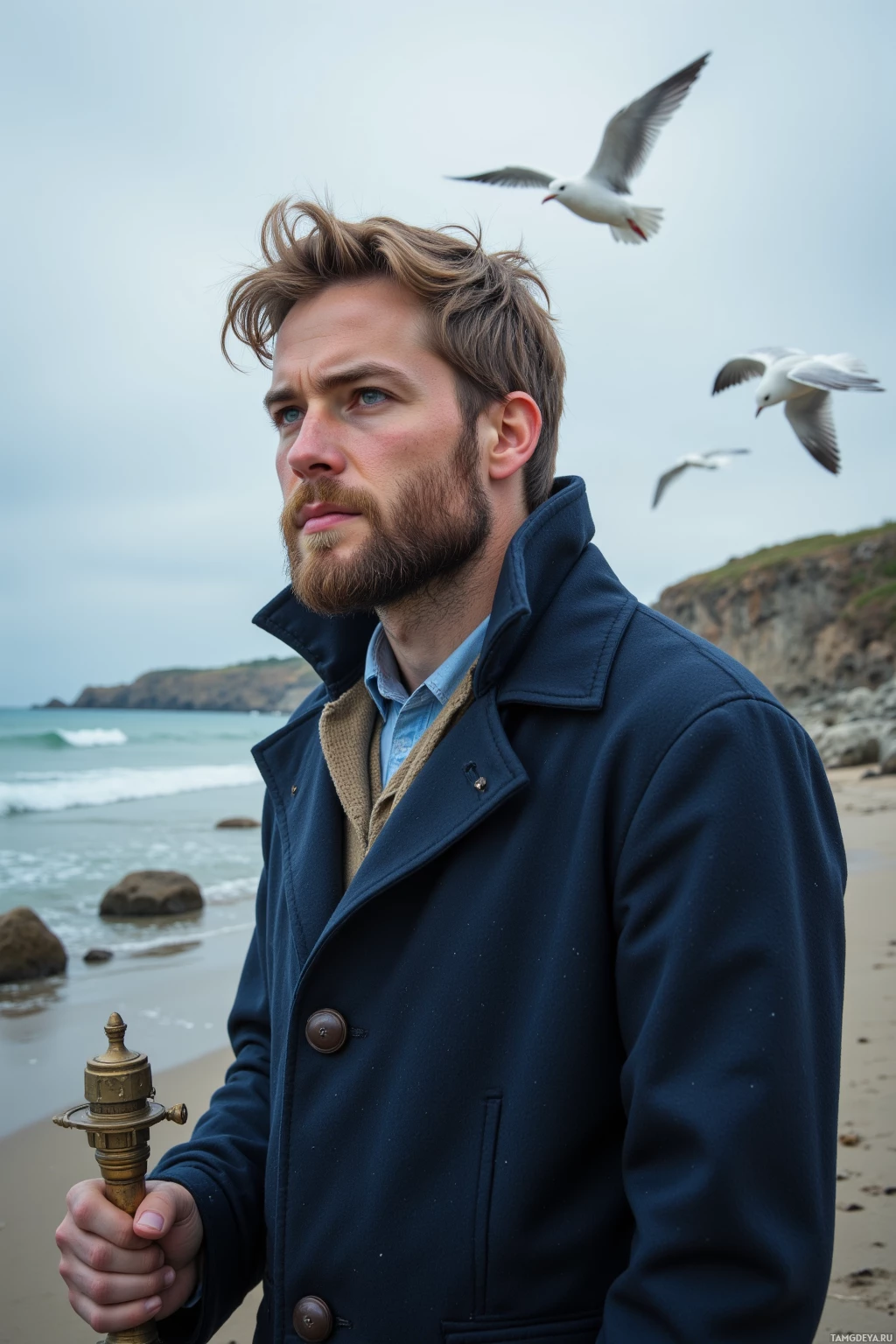 A man stands on a beach, holding a lantern, with seagulls flying overhead and the ocean in the background.