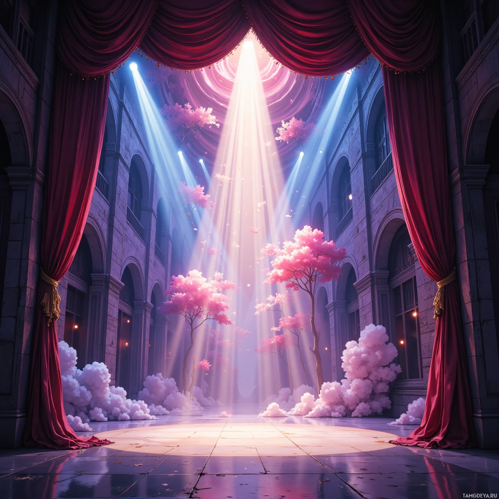 A grand hall with red curtains, sunlight streaming through, and pink trees and clouds.