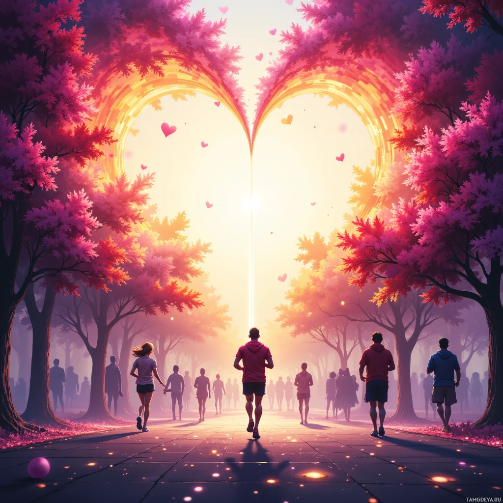 A heart-shaped archway of pink trees frames a bright, glowing path with people walking towards a radiant light.