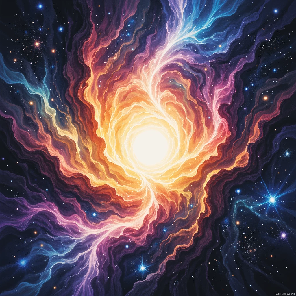 A vibrant cosmic scene featuring swirling nebulae and stars against a dark background.