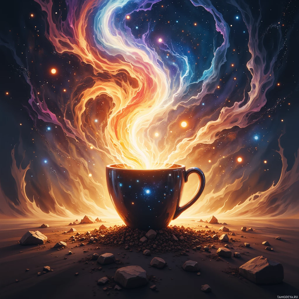 A cosmic scene featuring a glowing cup of coffee with swirling nebulae and stars in the background.