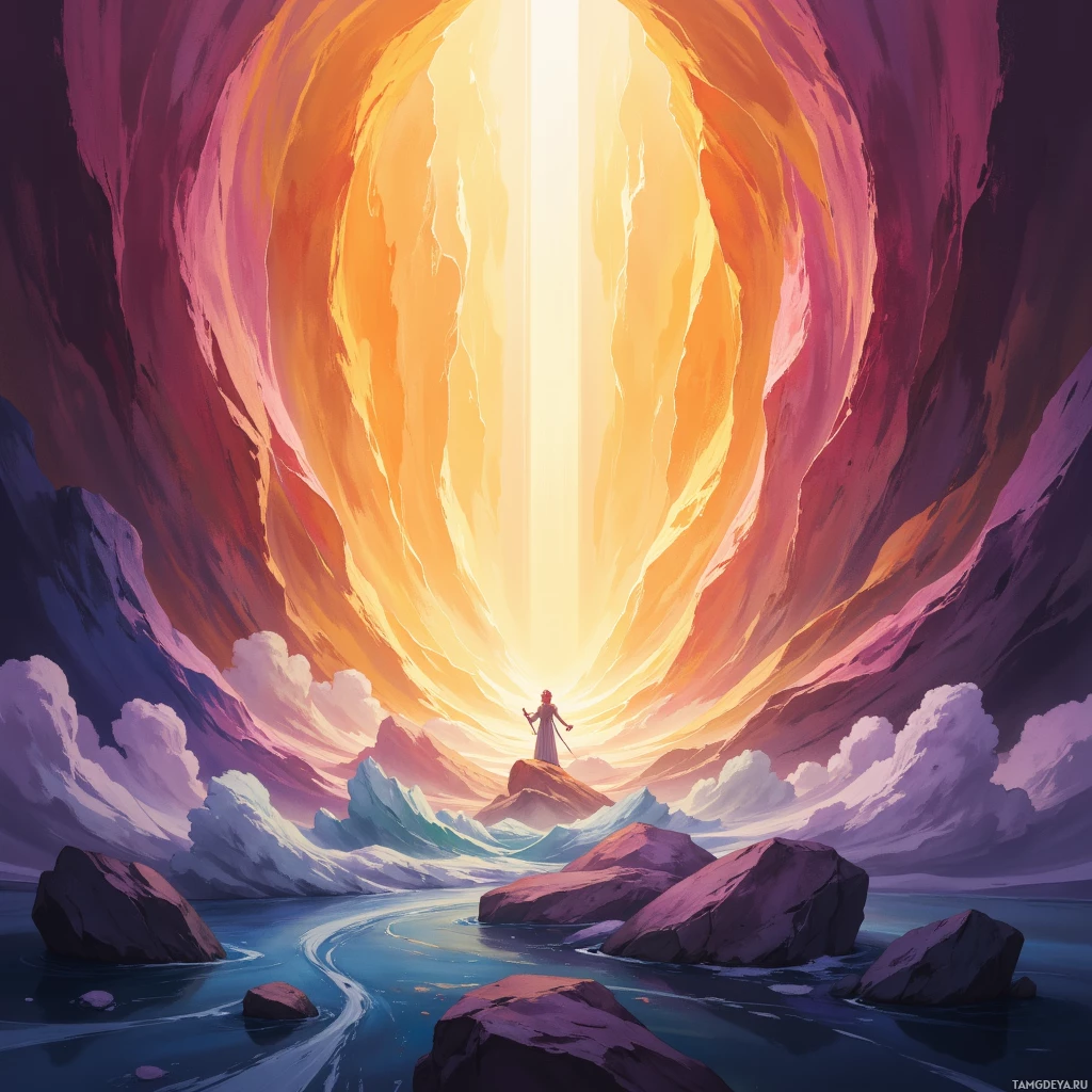 A figure stands on a rock in a serene landscape with a glowing, radiant sky above.