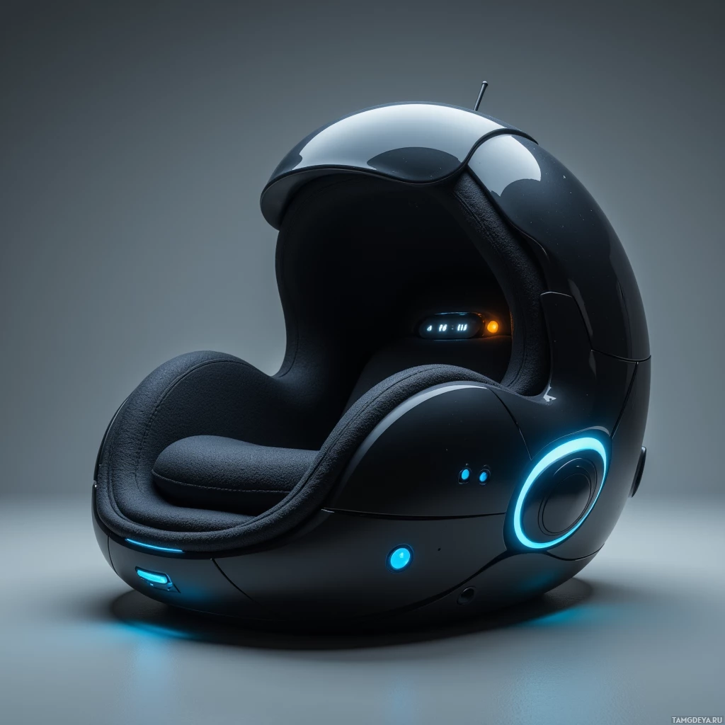 A futuristic, black helmet with glowing blue accents and a sleek, modern design.