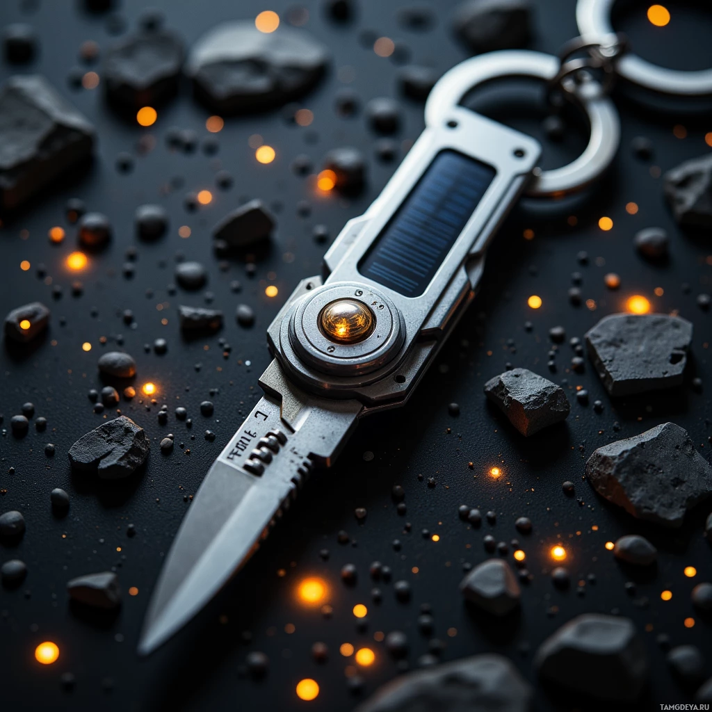 A metallic knife with a solar panel and a keychain ring lies on a dark surface surrounded by small rocks and glowing particles.