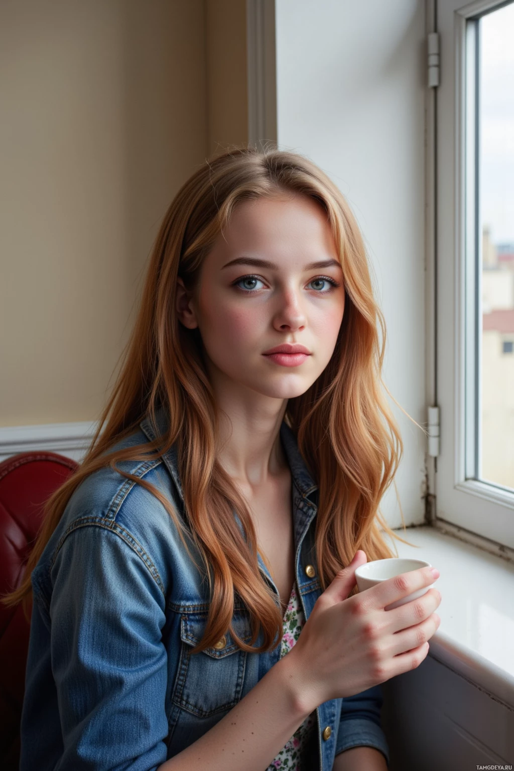 A young woman with long, wavy hair sits by a window, holding a cup.