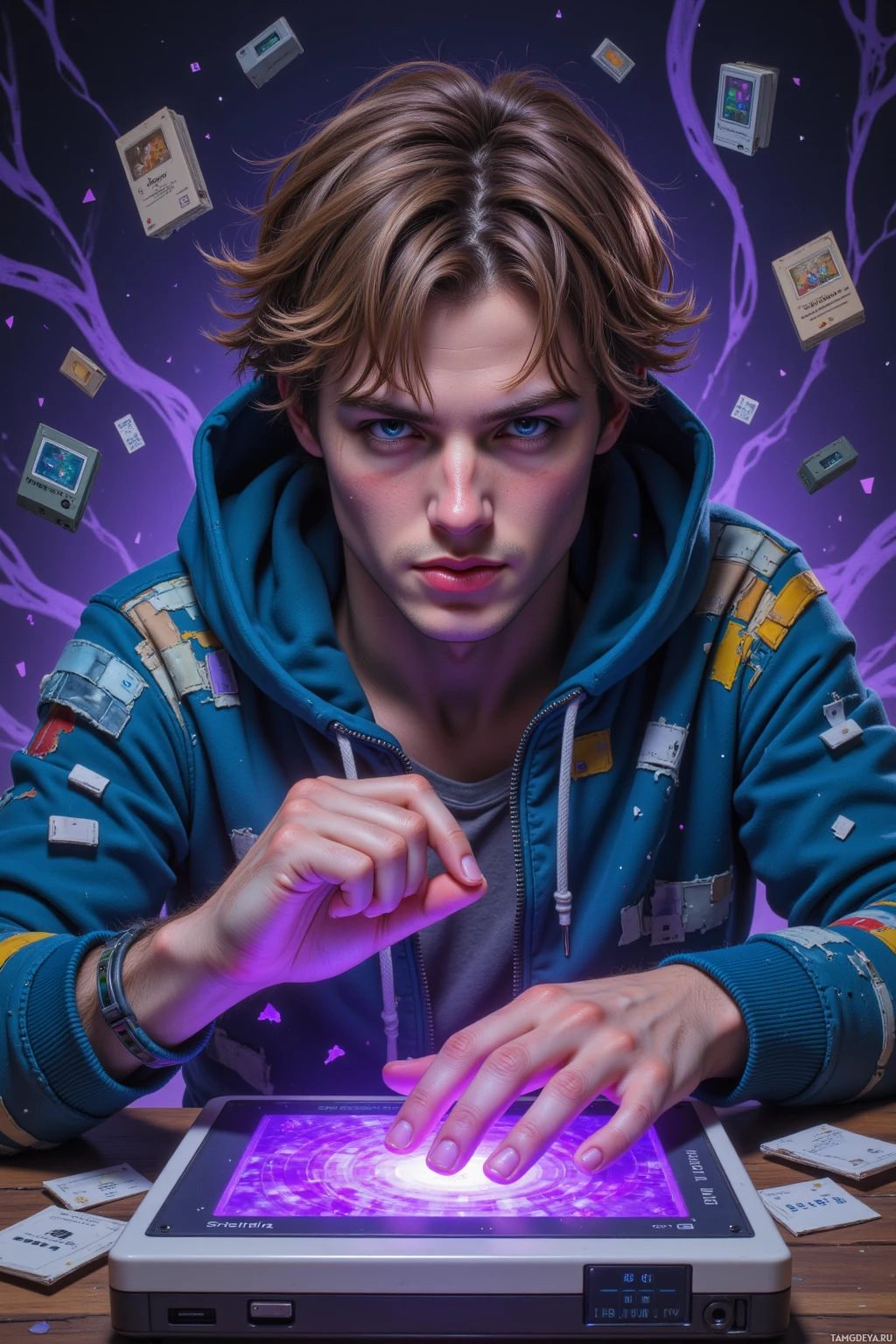 A person in a blue hoodie interacts with a glowing, retro-style device on a table.