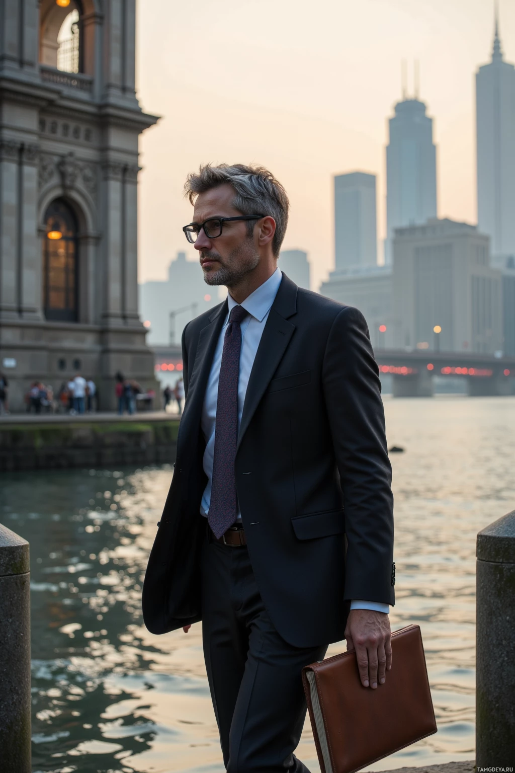 A man in a suit walks along a waterfront with a city skyline in the background.