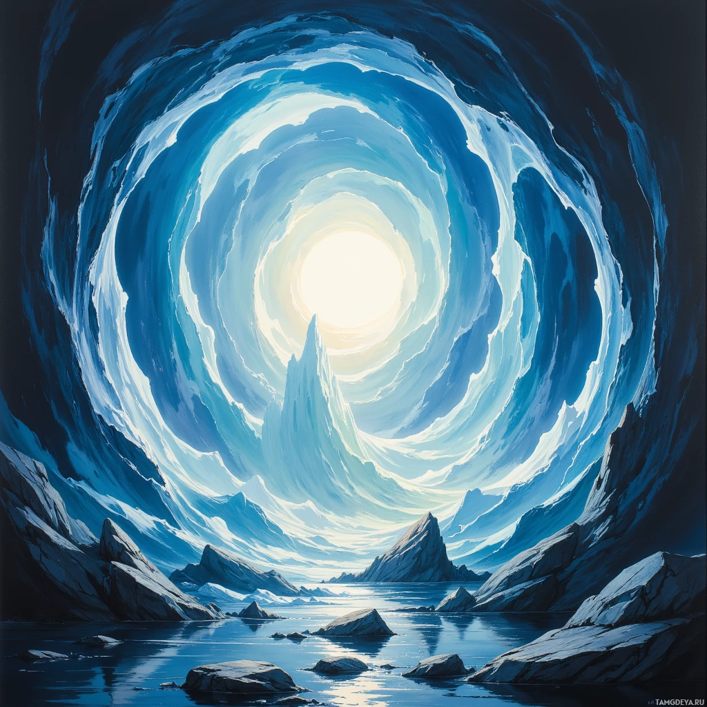 A swirling, ethereal tunnel of light and shadow leads to a bright, glowing center.