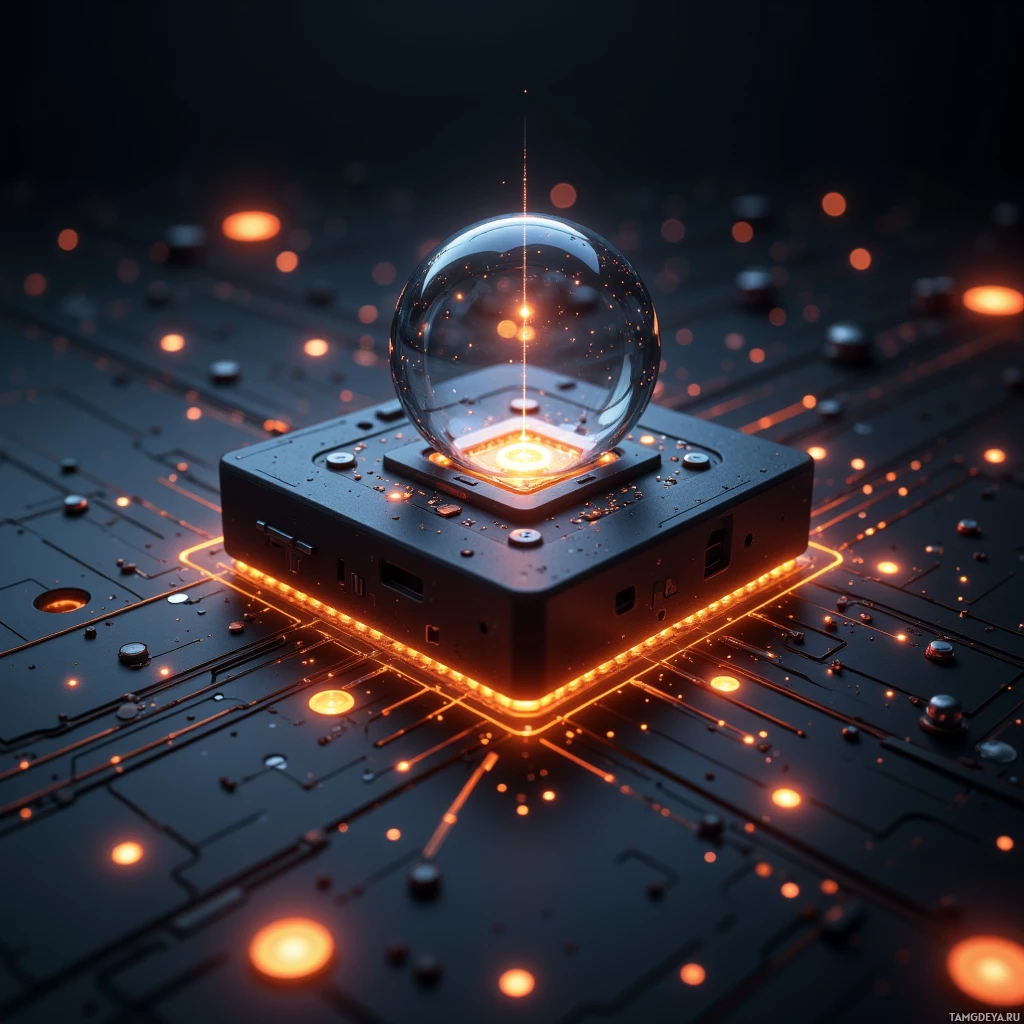 A futuristic circuit board with glowing orange lights and a transparent sphere on top.