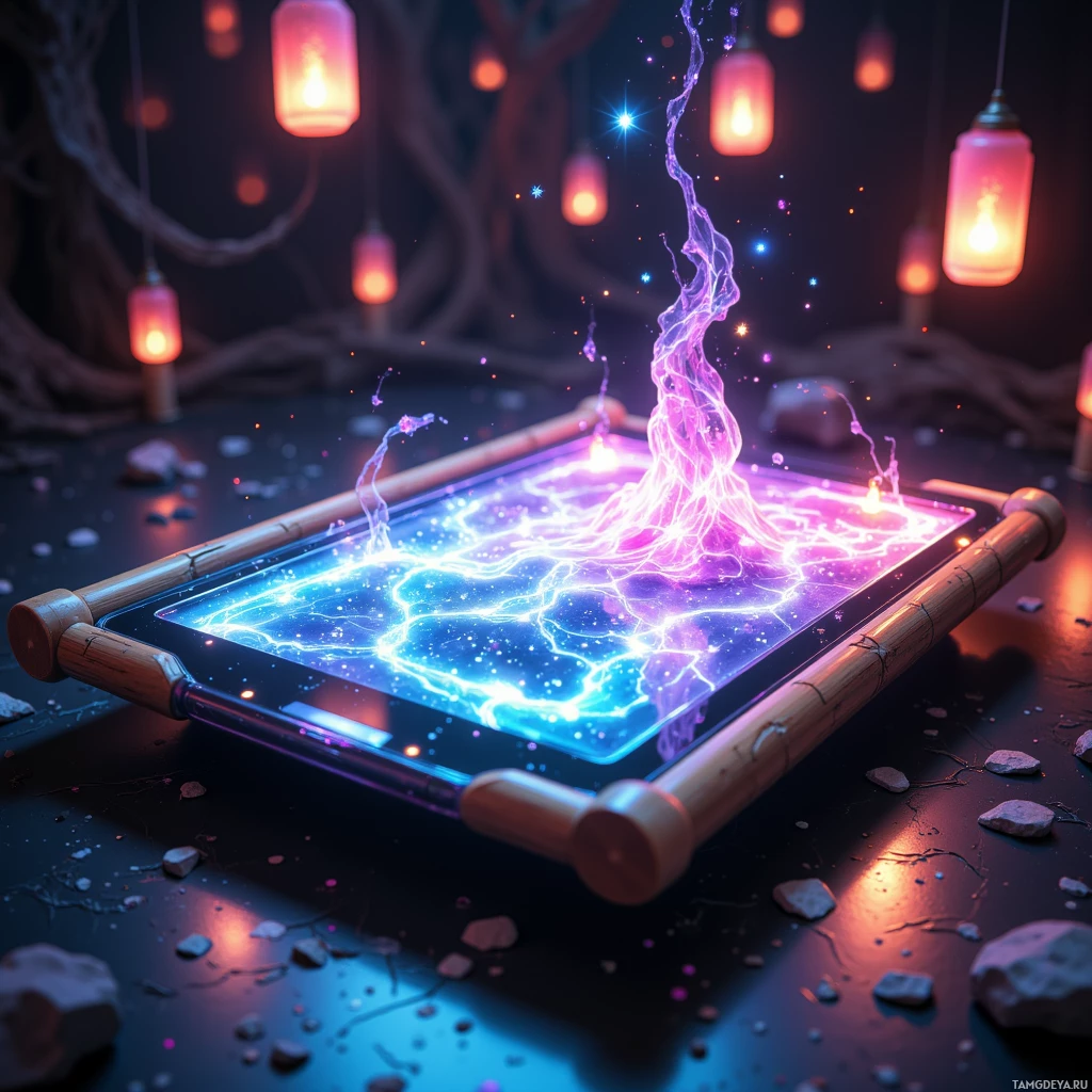 A glowing, electric-like energy emanates from a rectangular object, surrounded by lanterns and a dark, mystical environment.