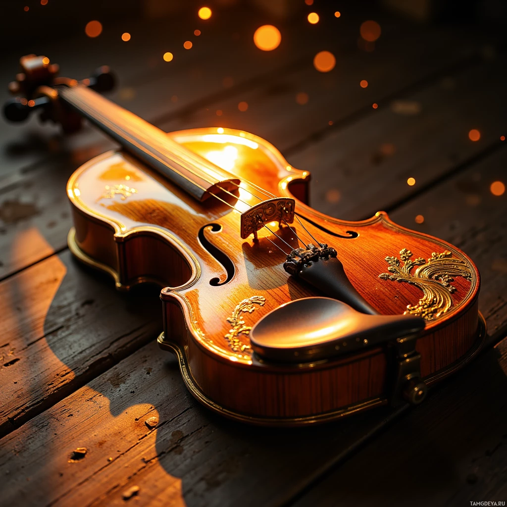 A beautifully crafted violin with golden accents rests on a dark wooden surface, illuminated by warm, glowing light.