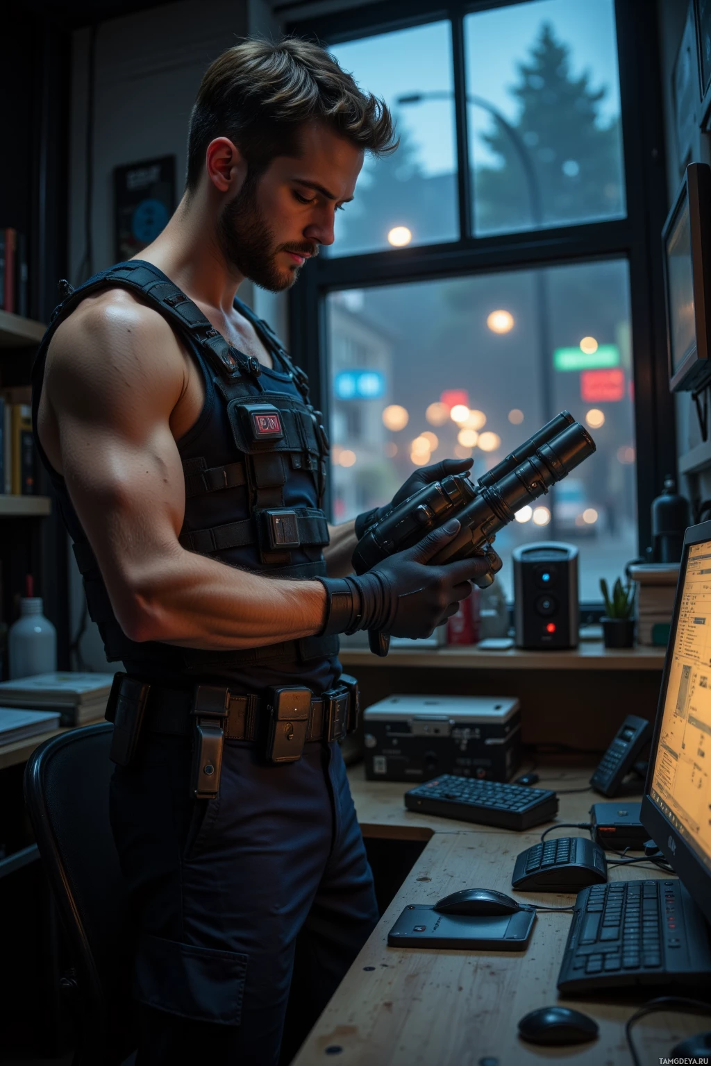 A man in tactical gear stands at a desk, examining a device.