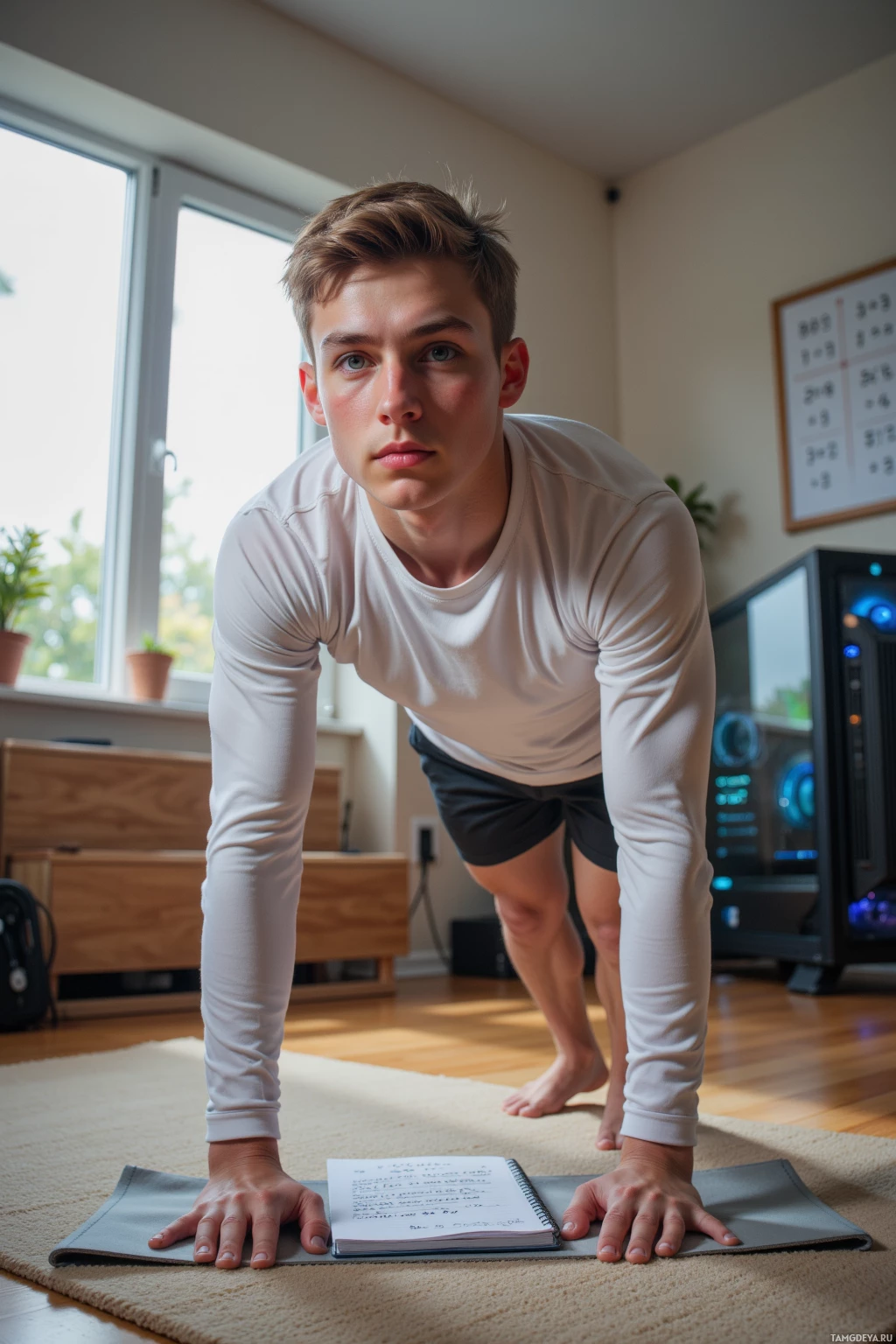 A young person is in a plank position on a mat, with a notebook placed in front of them.