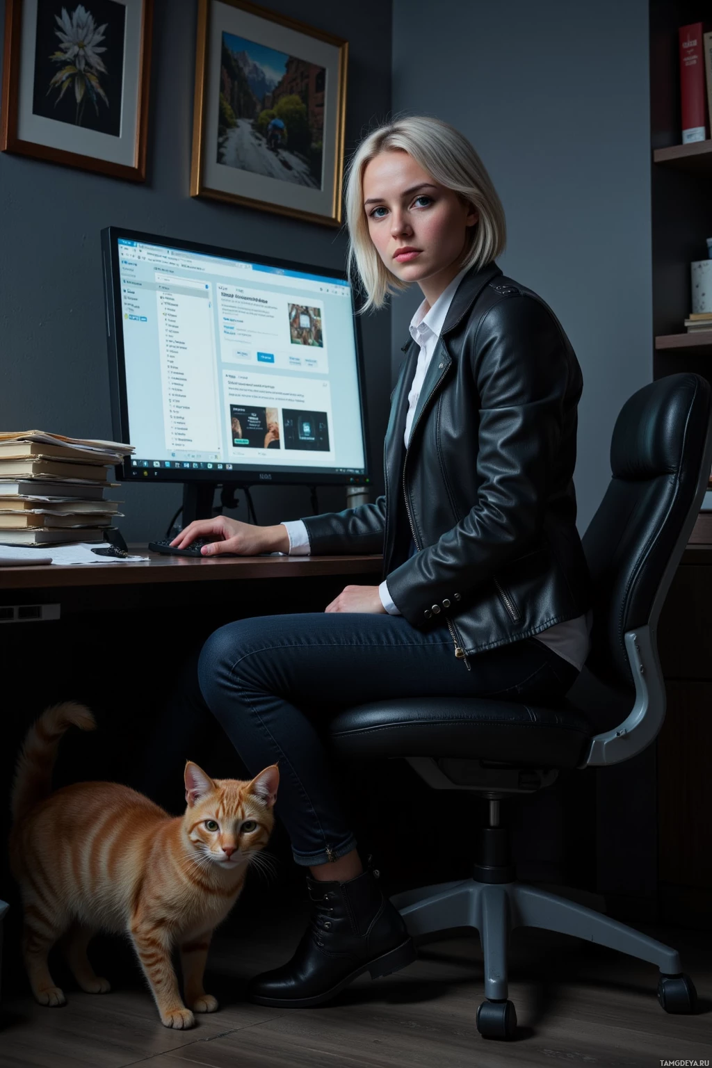 A woman sits at a desk with a computer, wearing a black leather jacket and black pants, with an orange cat standing beside her.