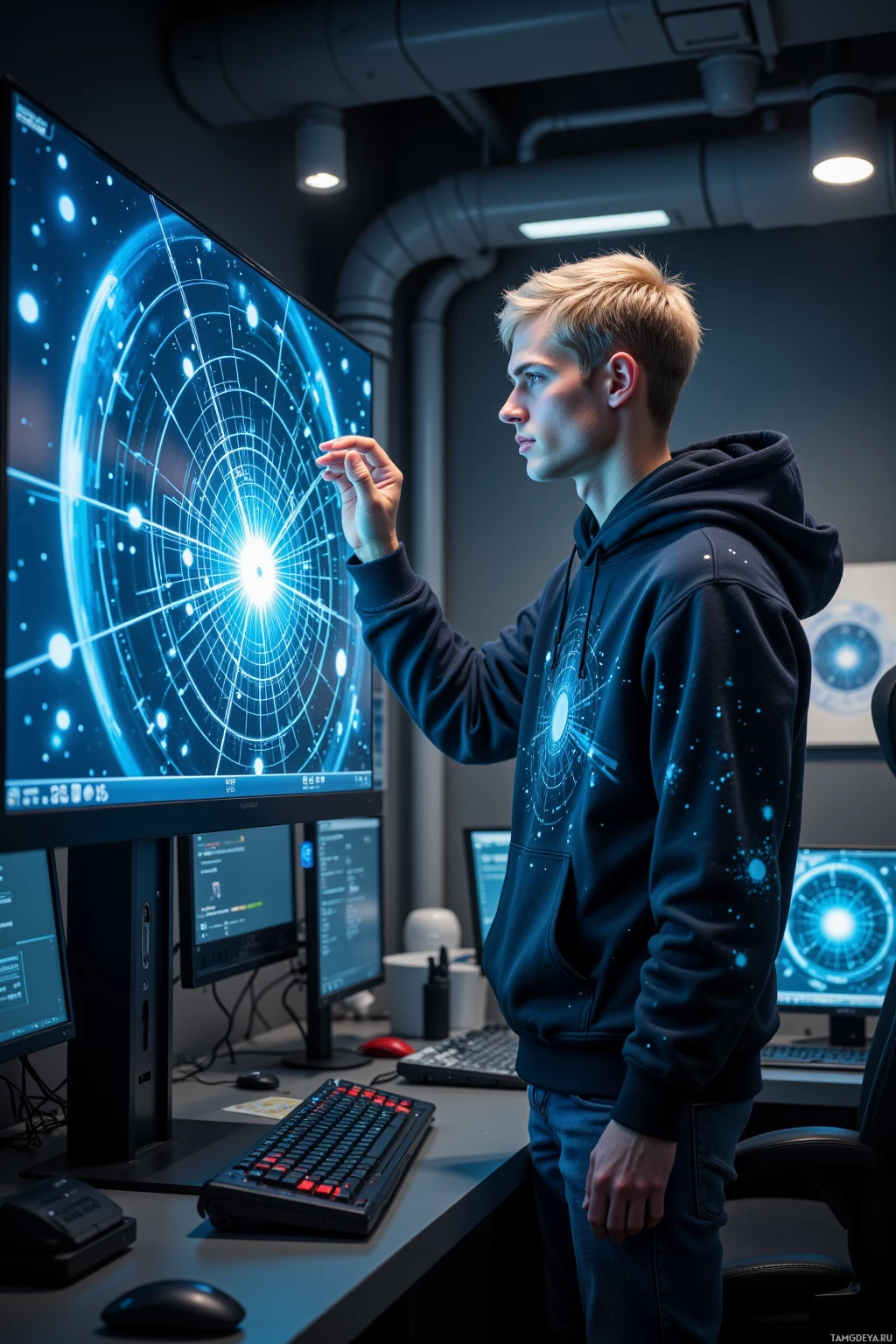 A person in a hoodie stands in a modern workspace, interacting with a large monitor displaying a futuristic interface.