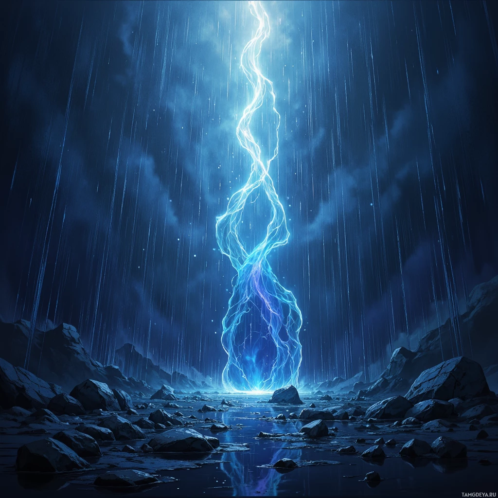 A dramatic scene of a glowing blue lightning bolt striking down from the sky into a rocky landscape under a rain-soaked night sky.