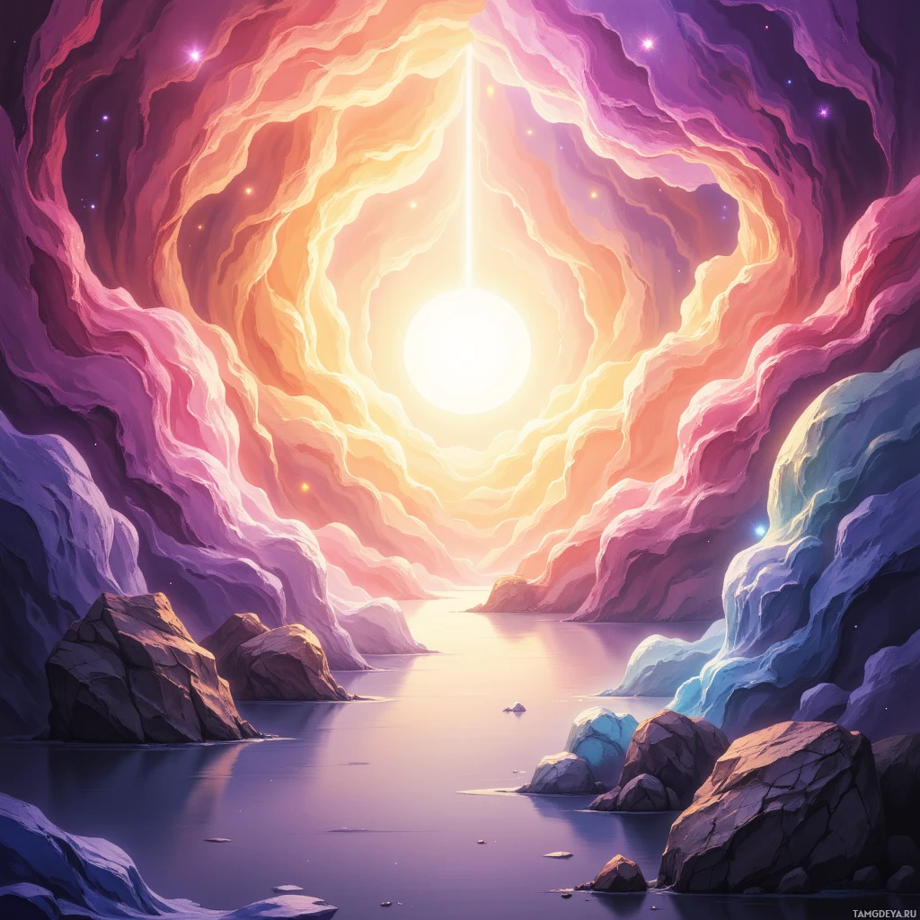 A vibrant, ethereal scene featuring a glowing celestial body at the center, surrounded by swirling, colorful clouds and rocky formations.