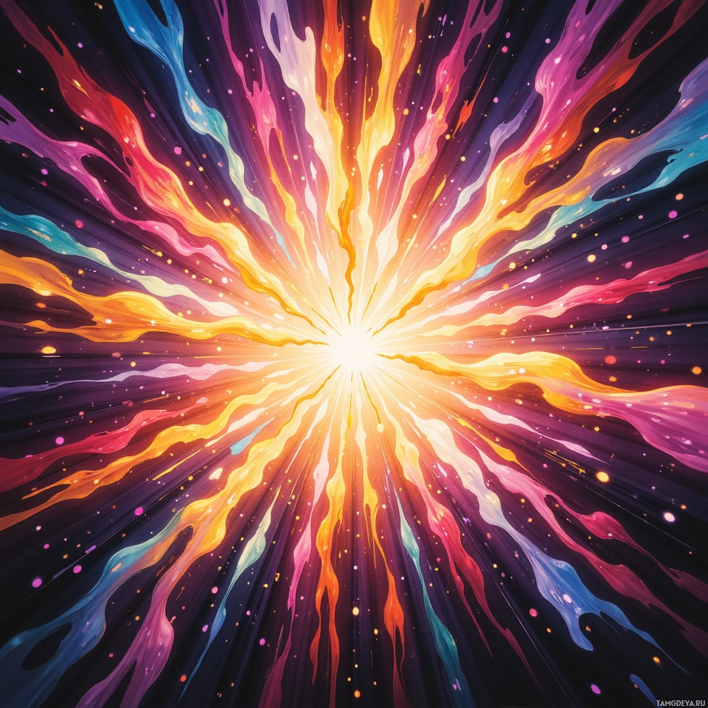 A vibrant explosion of colors radiates outward from a bright center, set against a dark background.