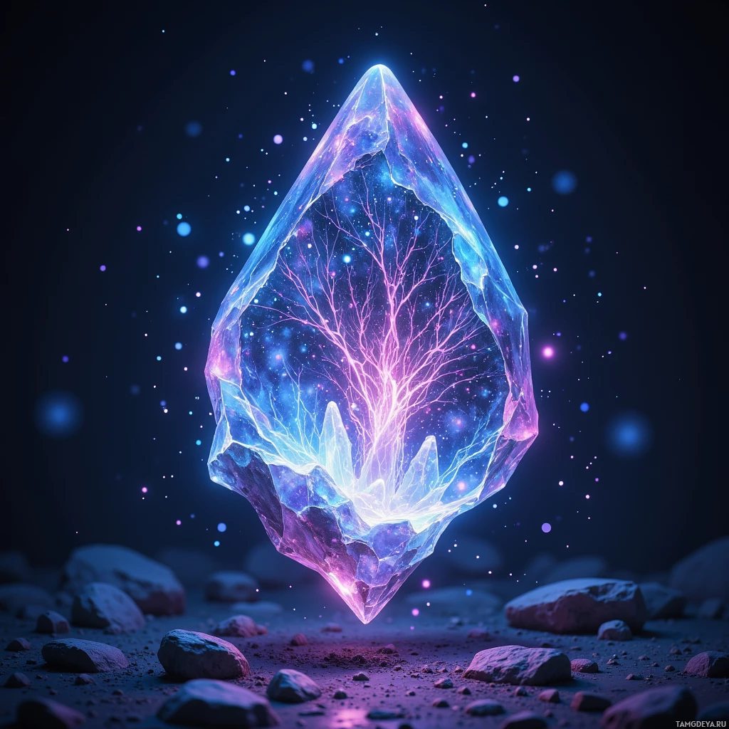 A glowing, ethereal crystal with intricate branching patterns sits on a rocky surface against a starry night sky.