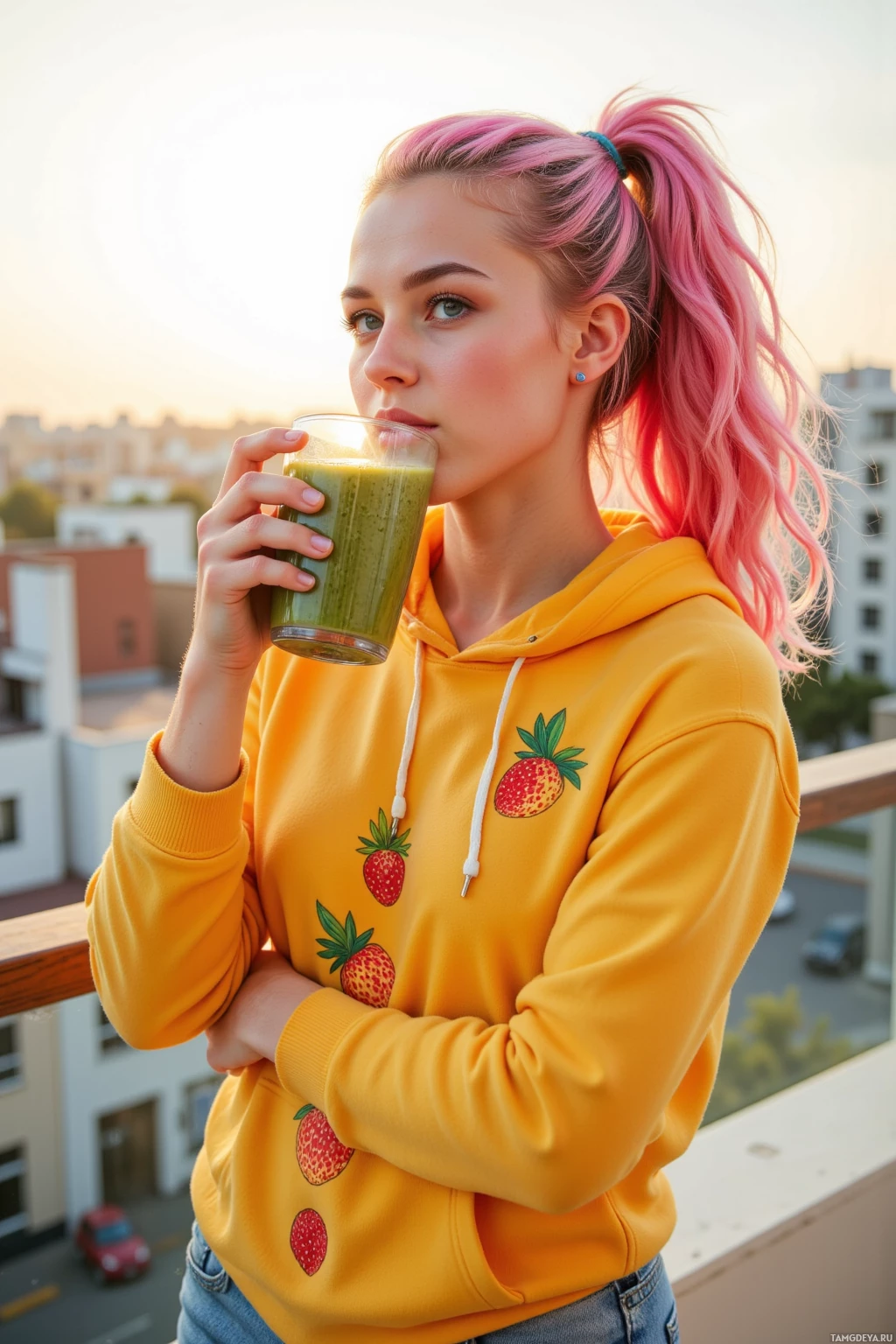 A person with pink hair in a ponytail drinks a green smoothie on a balcony.