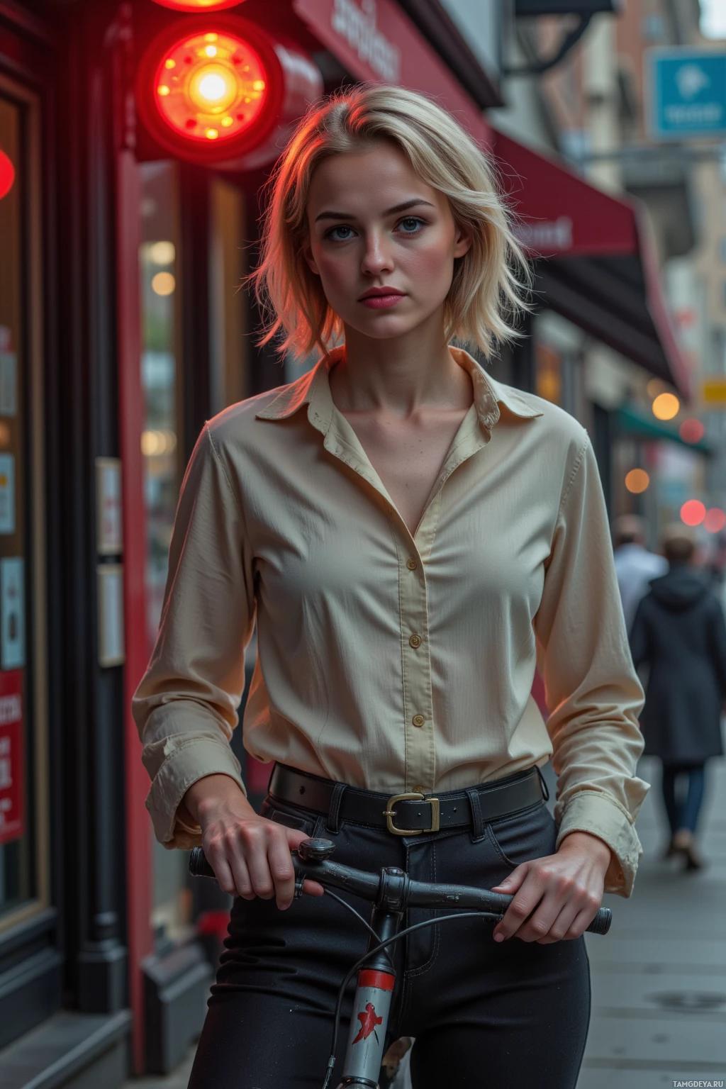 A woman stands on a city street holding a bicycle, wearing a beige shirt and black pants.
