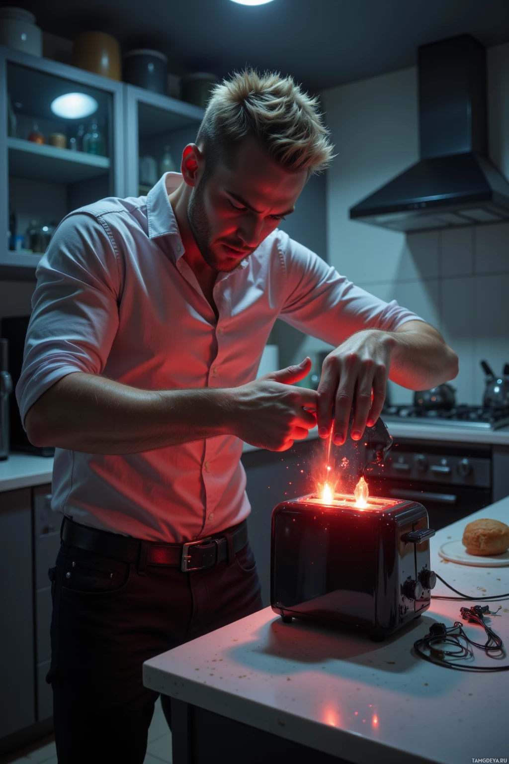 A man in a white shirt is using a toaster in a kitchen with red lighting.