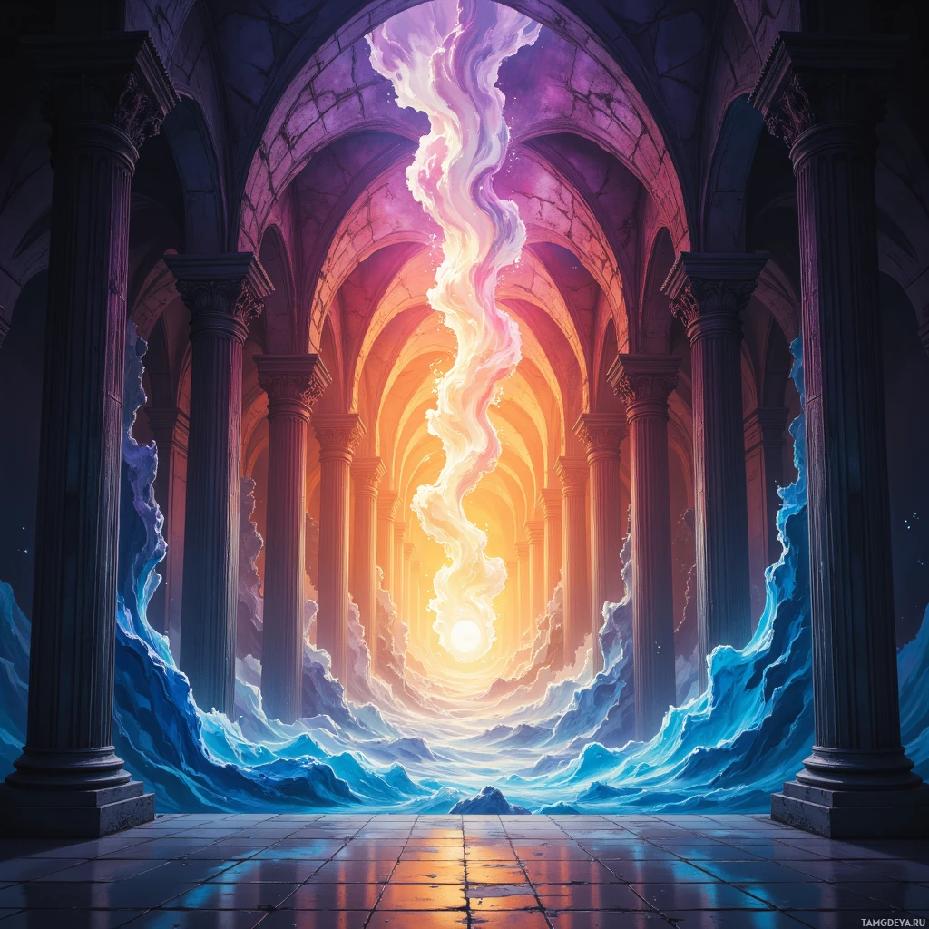 A grand, ancient hall with columns and a glowing, ethereal sky at the end.