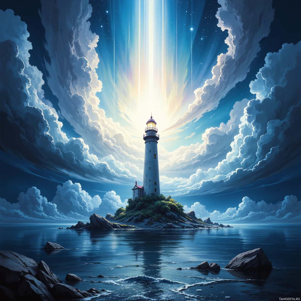 A serene lighthouse stands on a rocky island under a dramatic sky with radiant beams of light.