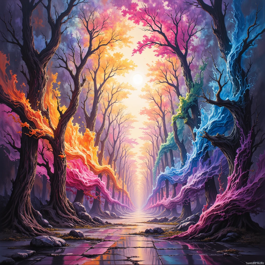 A vibrant, surreal forest scene with colorful, flowing foliage and a bright sun in the sky.