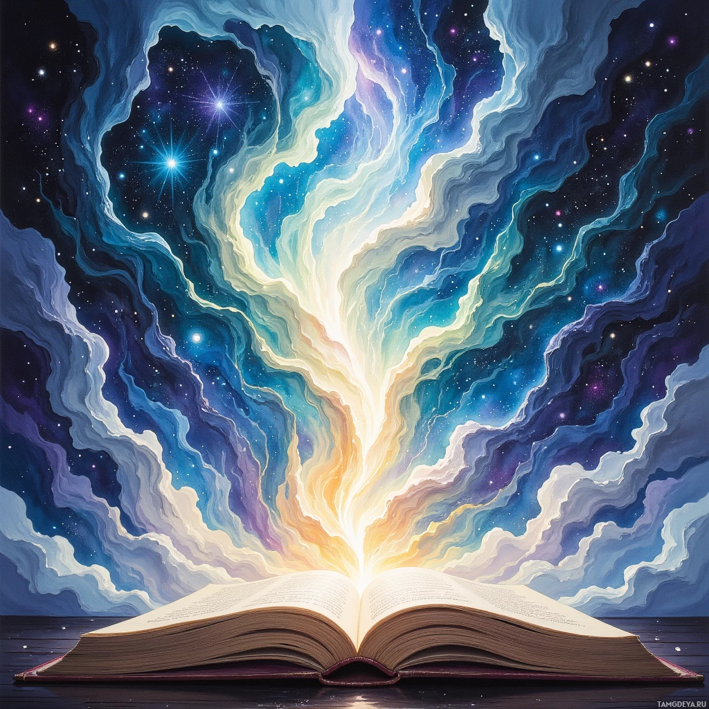 An open book with a glowing, cosmic scene radiating from its pages.
